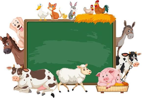 Empty blackboard with various farm animals