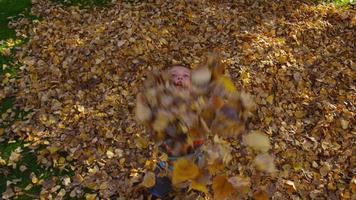 tiro aéreo de crianças brincando nas folhas de outono. filmado em vermelho épico para alta qualidade 4k, uhd, resolução ultra hd. video