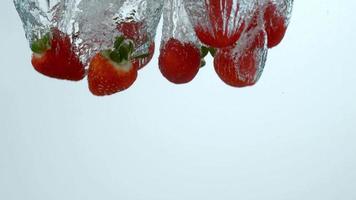 fraises éclaboussant dans l'eau au ralenti tourné sur fantôme flex 4k à 1000 fps video