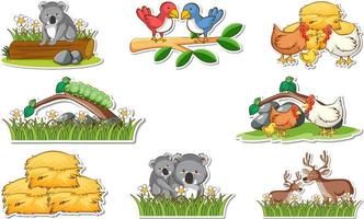 Sticker set with different wild animals and nature elements vector