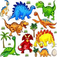 Set of isolated various dinosaurs cartoon character on white background vector