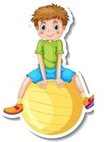 Sticker template with a boy sitting on a yellow ball isolated vector