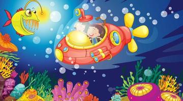 Escena submarina con niños felices en submarino explorando submarinos. vector