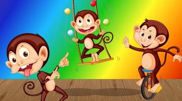 Monkeys doing different activities on rainbow gradient background vector