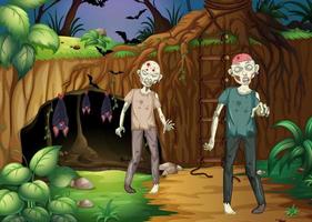 Dark forest scene with creepy zombie cartoon character vector