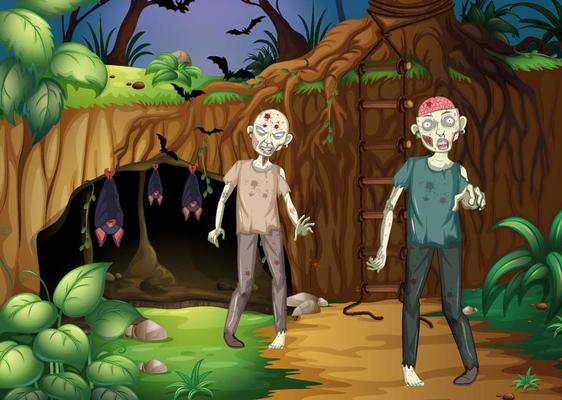 Dark forest scene with creepy zombie cartoon character