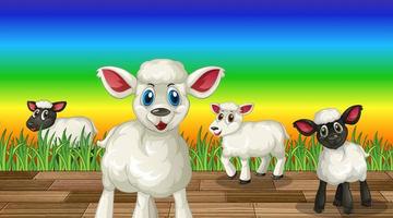 Many baby sheeps cartoon character on rainbow gradient background vector