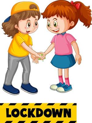 Two kids cartoon character do not keep social distance with Lockdown font isolated on white background