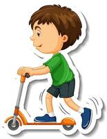 Sticker template with a boy riding a scooter cartoon character isolated vector