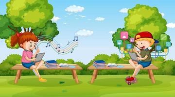 Kids leaning online with tablet in the park vector