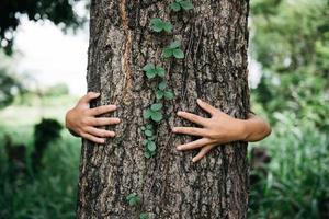 Cerca de las manos del niño abrazando el árbol. concepto ambiental foto