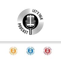 Podcast o logotipo de karaoke vocal de cantante con micrófono e icono de vinilo. vector