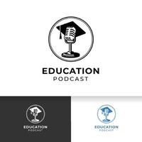 Podcast o logo del curso vocal. micrófono con ilustración de sombrero de toga vector