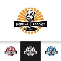 plantilla de logotipo de podcast. micrófono micrófono e ilustración de la salida del sol. vector