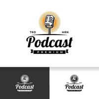 Podcast logo template. Mic microphone and sunrise illustration. vector