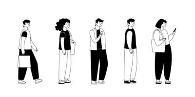 Adult people customers group in casual clothes standing in line queue vector