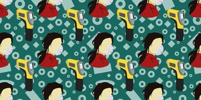 Seamless pattern of image woman wearing surgical mask and image the digital infrared laser thermometer on dark green memphis element background. vector illustration EPS10.