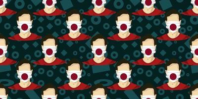 Seamless pattern of image man wearing japan flags surgical mask to prevent diseases isolated on memphis element background. Good for template background, banner, poster, etc. Vector eps10.