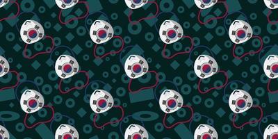 Seamless pattern of n95 surgical mask with South Korea Flag on dark color memphis element background. Vector illustration eps10.