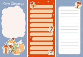 conjunto de planificador diario, papel de notas, lista de tareas con el zorro navideño vector