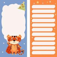 conjunto de planificador semanal o diario, papel de notas, lista de tareas pendientes, plantillas de pegatinas feliz navidad, decorado con un tigre lindo vector