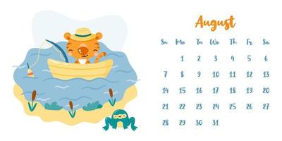 calendario para agosto de 2022 con tigre de pesca de dibujos animados lindo en bote vector