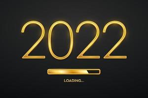 Happy New 2022 Year. Golden metallic luxury numbers 2022 with golden loading bar. Party countdown. Realistic sign for greeting card. Festive poster or holiday banner design. Vector illustration.