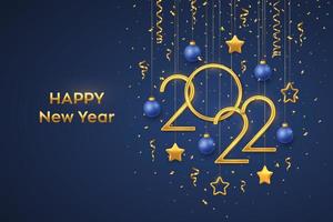 Happy New 2022 Year. Hanging Golden metallic numbers 2022 with shining 3D metallic stars, balls and confetti on blue background. New Year greeting card, banner template. Realistic Vector illustration.