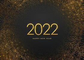 Happy New 2022 Year. Golden metallic luxury numbers 2022 on shimmering background. Realistic sign for greeting card. Bursting backdrop with glitters. Festive poster or banner. Vector illustration.