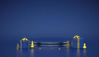 Blue round podium. Scene and 3D platform with gold circle on blue background. Blank Pedestal with gift boxes with golden bow and golden metallic pine, spruce trees. Realistic vector illustration.