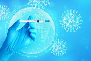 Hand in medical blue glove holding syringe with vaccine. Vaccination or Immunization concept. Injection syringe in hand and virus cells. COVID-19 coronavirus vaccine. Globe, world map. Vector. vector