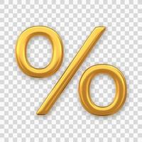 Percent symbol. Golden percent sign isolated on transparent background. Percentage, discount concept. Realistic 3D vector illustration.