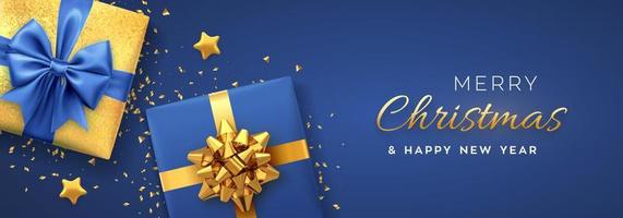 Christmas banner. Realistic gift boxes with golden and blue bows, gold stars and glitter confetti. Xmas background, horizontal christmas poster, greeting cards, headers website. Vector illustration.