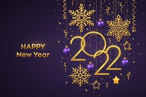 feliz año nuevo 2022. números metálicos dorados colgantes 2022 con copos de nieve brillantes, estrellas metálicas 3d, bolas y confeti sobre fondo morado. tarjeta de felicitación de año nuevo o plantilla de banner. vector. vector