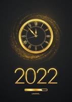 Happy New Year 2022. Golden metallic numbers 2022, gold watch with Roman numeral and countdown midnight with loading bar on shimmering background. Bursting backdrop with glitters. Vector illustration.