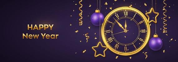 Happy New Year 2022. Golden shiny watch with Roman numeral and countdown midnight, eve for New Year. Background with shining gold stars and balls. Merry Christmas. Xmas holiday. Vector illustration.