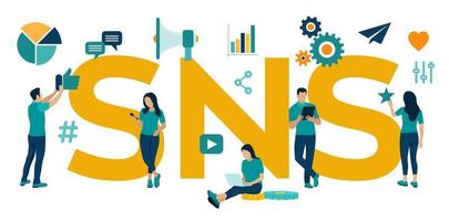 SNS. Social Networking Service - is an online platform which people use to build social networks or social relationship with other people. Flat vector Illustration with icons and characters.