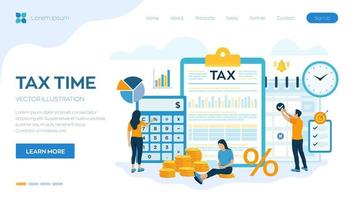 Concept tax payment. Data analysis, paperwork, financial research report and calculation of tax return. Payment of debt. Government, state taxes. Vector illustration in flat style with characters.