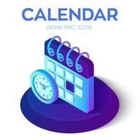 calendario con el icono de reloj. Calendario isométrico 3d con signo de reloj. creado para móvil, web, decoración, productos impresos, aplicación. perfecto para diseño web, banner y presentación. ilustración vectorial. vector