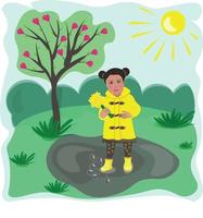 A girl walks in the garden with a bouquet of daffodils and in rubber boots stands in a puddle. Spring. Magnolia blossoms. Vector illustration