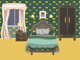 Bedroom in English style with furniture, decor and a portrait of a dog. A room with wallpaper with a picture of lemons. Vector illustration in flat style