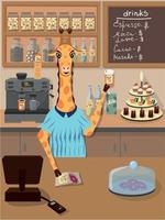Giraffe barista makes coffee in a coffee shop. Vector character giraffe. Animal character design