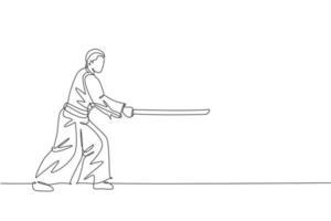 Un luchador de aikido de hombre de dibujo de línea continua practica la pose de lucha con una espada de madera en el centro de entrenamiento del dojo. concepto de deporte de artes marciales. Ilustración de vector de diseño gráfico de dibujo de línea única dinámica