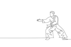 One continuous line drawing of young man aikido fighter practice fighting stance pose at dojo training center. Martial art combative sport concept. Dynamic single line draw design vector illustration