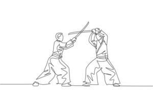 One continuous line drawing of young man aikido fighter practice using wooden sword at dojo training center. Martial art combative sport concept. Dynamic single line draw design vector illustration