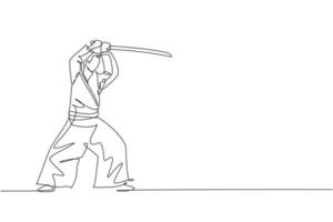 One single line drawing of young energetic man wearing kimono exercise aikido technique with wooden sword in sports hall vector illustration. Healthy sport concept. Modern continuous line draw design