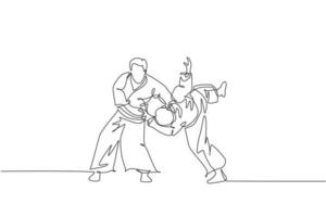 One continuous line drawing young man aikido fighter practice fighting trick at dojo training center. Martial art combative sport concept. Dynamic single line draw graphic design vector illustration