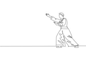 Un dibujo de una sola línea de un joven enérgico con kimono ejercicio técnica de aikido en la ilustración gráfica de vector de pabellón de deportes. concepto de deporte de estilo de vida saludable. diseño moderno de dibujo de línea continua