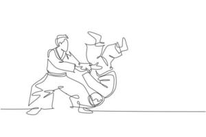 One continuous line drawing of young men aikido fighter practice fighting technique at dojo training center. Martial art combative sport concept. Dynamic single line draw design vector illustration