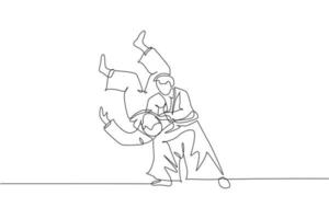 One continuous line drawing of two young men aikido fighter practice fighting train slamming technique at dojo center. Martial art sport concept. Dynamic single line draw design vector illustration